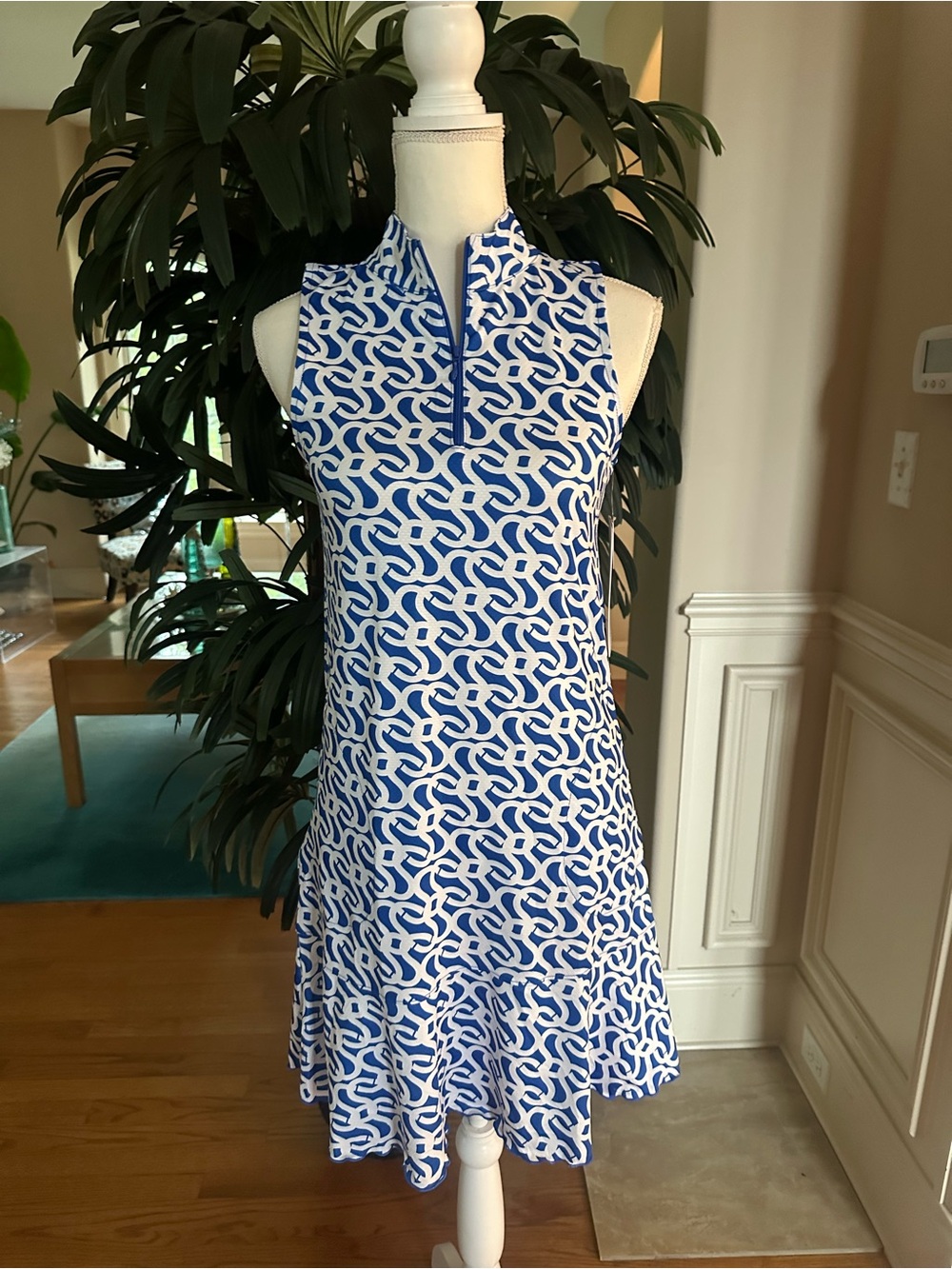 💙NWT Gottex Blue & White Sleeveless 1/4 Zip Geo Chainlink Print Mini Dress S💙
